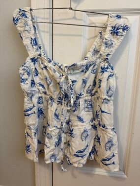Rewind Blue & White Nautical Printed Tie-Front Tank